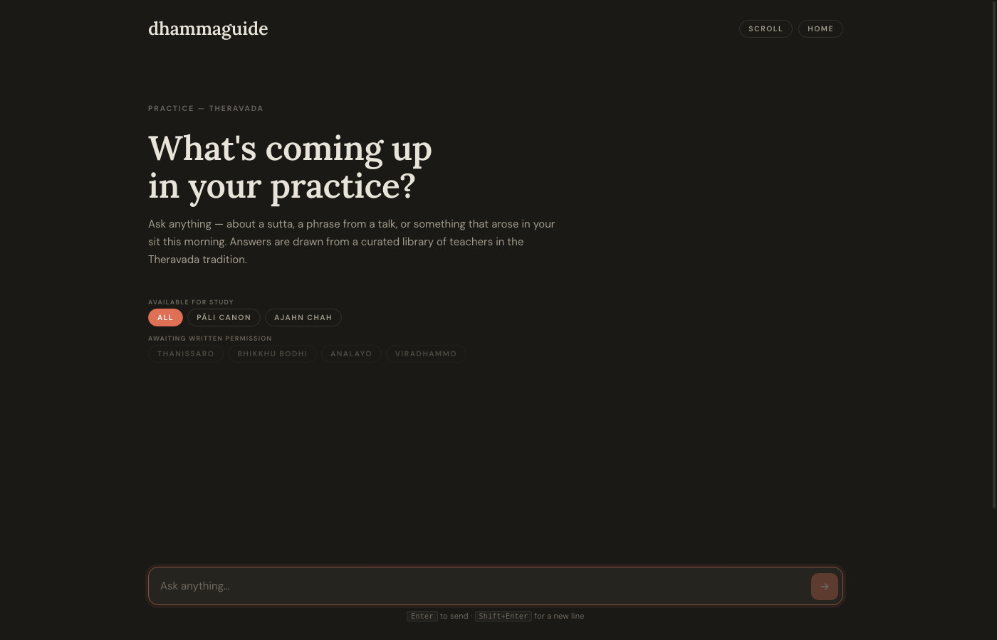 Dhamma Guide interface — ask anything about your practice