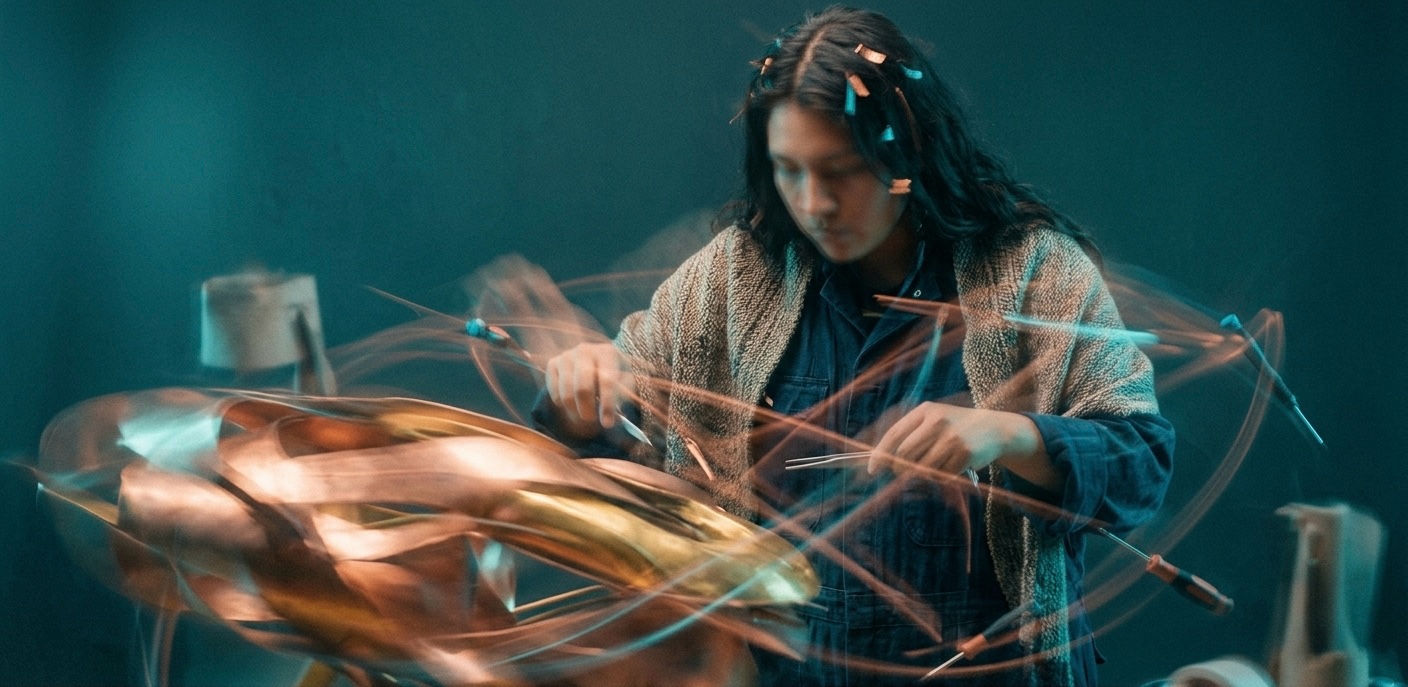 A maker working copper in the studio